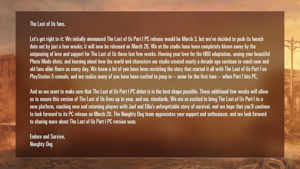 《最后生还者 第一部》PC版推迟至3月28